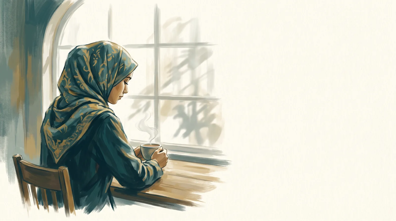 Illustration of a caregiver taking a quiet moment with a cup of tea by a window