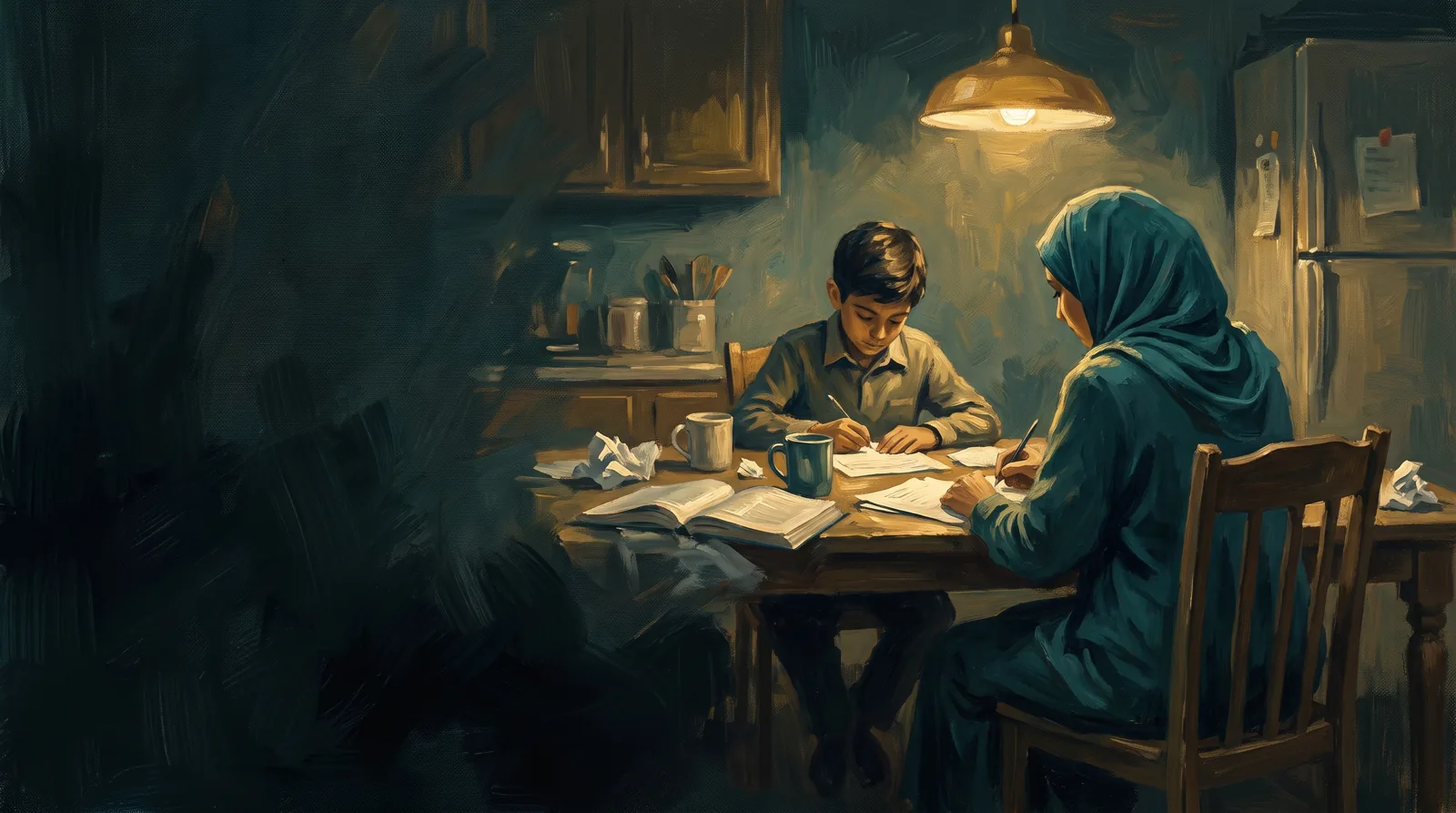 Illustration of a parent and child working through homework together at a kitchen table